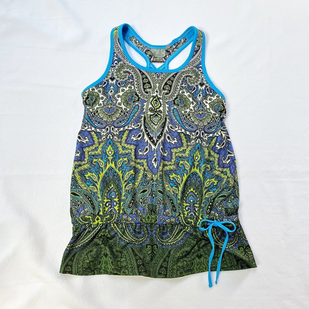 Athleta Tic Tac Toe Blue Green Tank Top Built Bra Drawstring Waist Womens Small